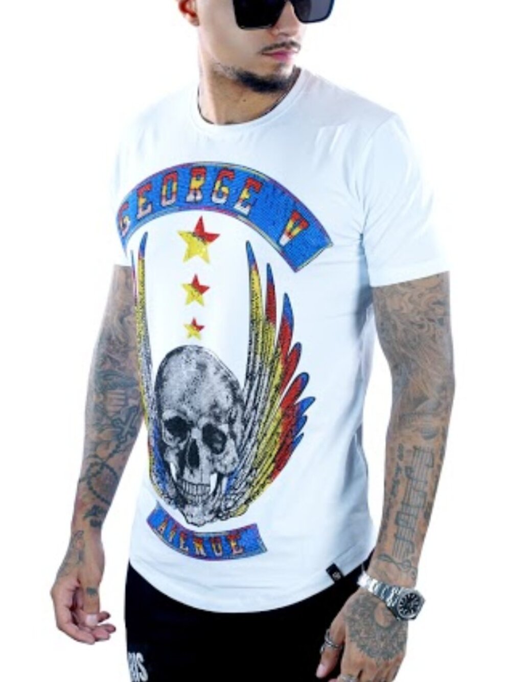 Avenue George V Paris T-shirt Men’s White Short sleeve Rhinestone Skull Large